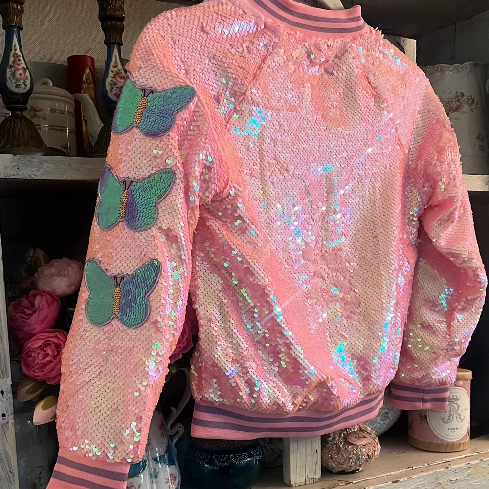 Pink Sequin Jacket with Butterfly Patches custom made by 3 wildflower designs !! - Picture 10 of 13